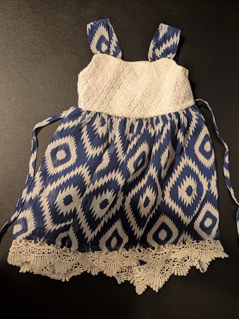 Sweet Heart Rose Blue and White Patterned Lace-Trim Sundress Top